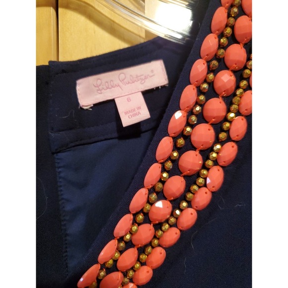 Lilly Pulitzer Bennett Navy Blue Dress w/ Coral & Gold Beading - Size 6‎ - Picture 3 of 4